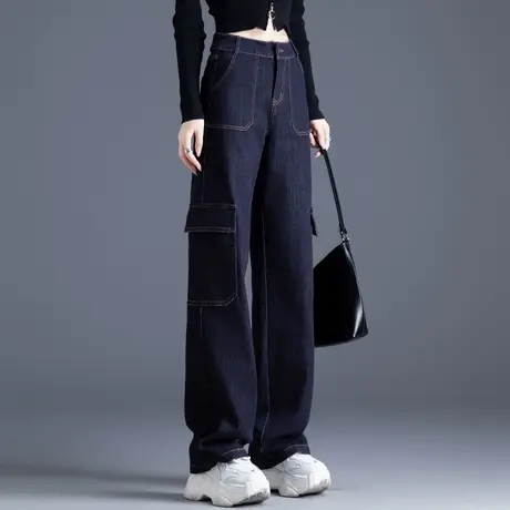 原色牛仔裤女2023年新款直筒阔腿裤秋冬工装裤长裤窄版裤子小个子商品大图