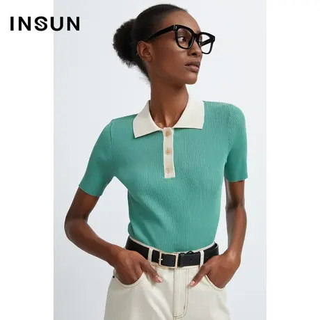 恩裳商场同款夏季流行撞色领设计感醋酸棉舒适弹力针织衫商品大图