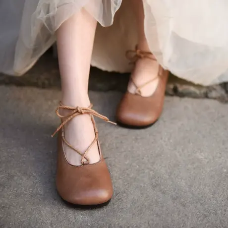 Artmu阿木原创森女浅口单鞋女DIY绑带女鞋真皮软底豆豆鞋2023新款图片