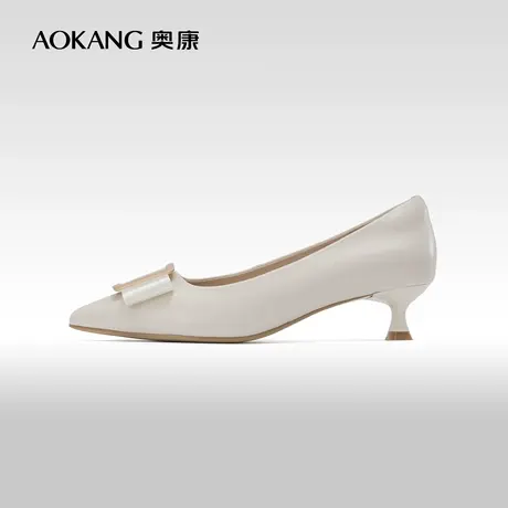 奥康女鞋 春秋季新款真皮尖头中跟女士浅口单鞋办公室通勤OL鞋商品大图