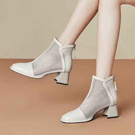 粗跟网靴春夏新款镂空网纱马丁靴女百搭舒适薄款透气短筒高跟凉靴商品大图