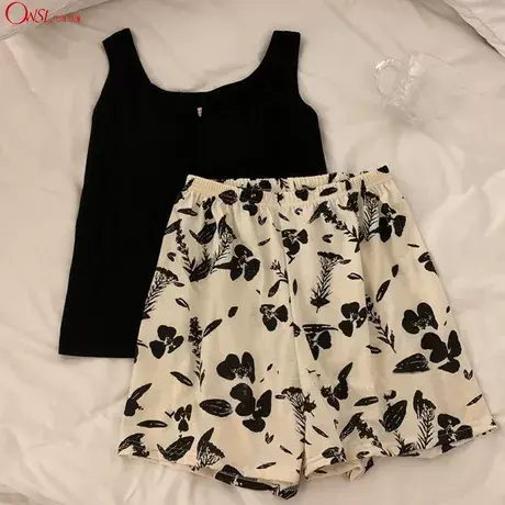 吊带睡衣女夏季带胸垫黑色背心碎花短裤休闲可外穿家居服图片