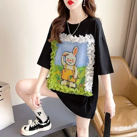 设计感小众短袖t恤女夏季韩版宽松大码女装中长款蕾丝花边上衣服图片