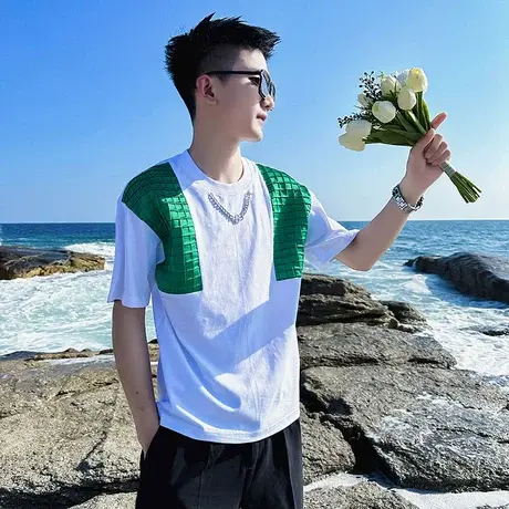 2023短袖t恤男夏季时尚拼接设计潮流休闲半截袖上衣潮男痞帅体恤商品大图
