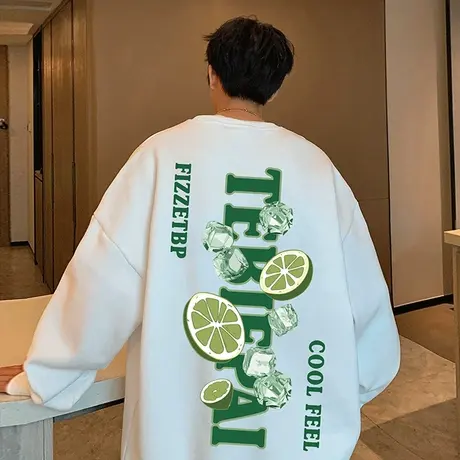 水果印花港风国潮卫衣男春秋季内搭宽松圆领ins潮牌长袖重磅外套t商品大图