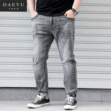 夏新款薄料浅灰韩版破洞潮胖子小脚弹力大号加肥加大码男士牛仔裤商品大图