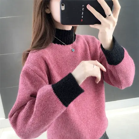毛衣女宽松外穿2023爆款洋气春装新款套头慵懒风高领雪尼尔拼色潮图片