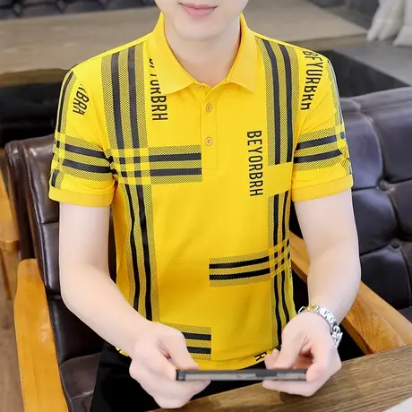 夏季新款潮流帅气衬衫领Polo衫男士短袖T恤翻领半袖棉体恤上衣服图片