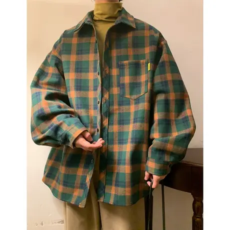 格子长袖衬衫男春秋新款潮牌高级感休闲衬衣宽松尖领男士上衣外套商品大图