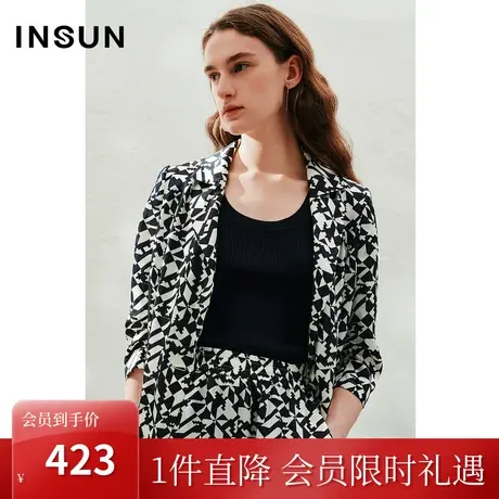 恩裳2023春季新款仿真丝棋盘格印花立体剪裁经典西装外套商品大图