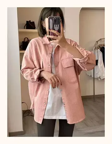 欧货中长款外套女宽松小个子2023年春秋设计感复古牛仔水洗衬衫商品大图