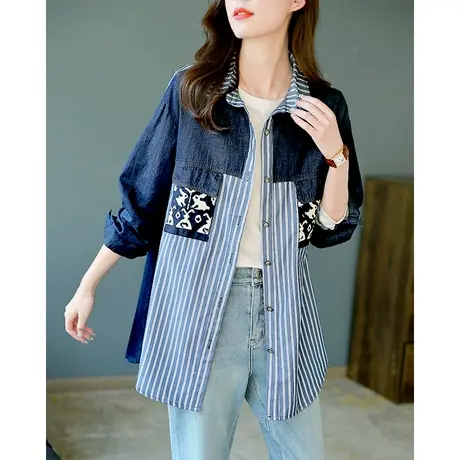 宝诗黎牛仔拼接宽松长袖衬衫2024新款春季条纹衬衣女士设计感上衣商品大图
