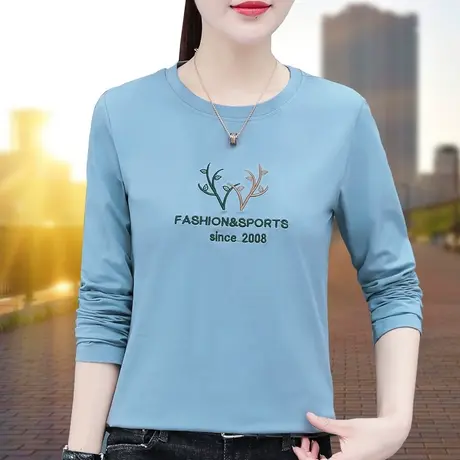 纯棉长袖t恤女春秋薄款中年妈妈 中老年上衣2023新款体恤大码丅恤图片