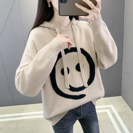 秋冬新款连帽套头长袖针织卫衣女韩版宽松外穿休闲纯色简约毛衣女商品大图