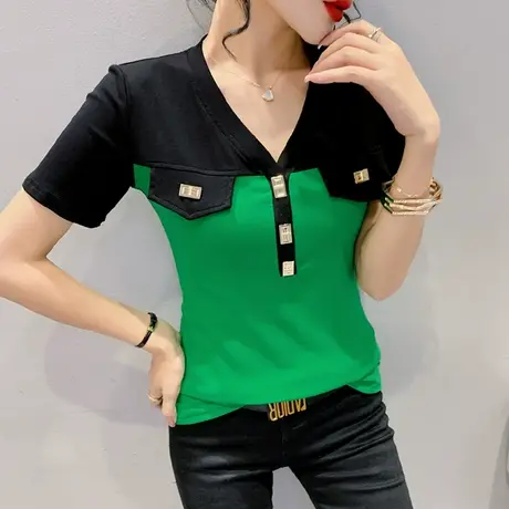 网红拼色短袖T恤女2024夏季新款欧货性感V领小衫百搭修身气质上衣图片