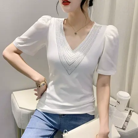 重工烫钻V领T恤女短袖欧货气质泡泡袖小衫百搭显瘦修身上衣夏装潮图片