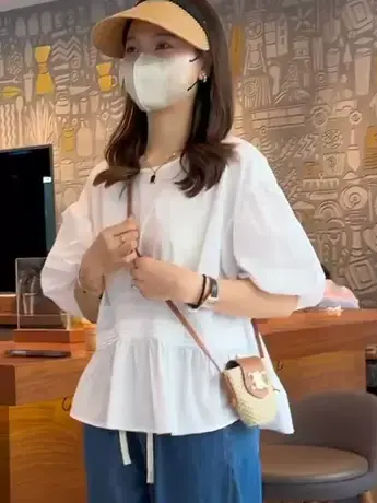 娃娃衫上衣夏季新款韩版宽松圆领甜美不规则棉质衬衫女设计感小众图片