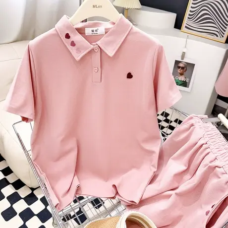 小个子盐系套装夏季女韩版爱心polo领短袖T恤阔腿裤裙两件套休闲商品大图