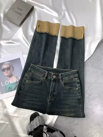 韩版卷边复古牛仔直筒裤2023新款高腰修身弹力窄版小个子烟管长裤商品大图