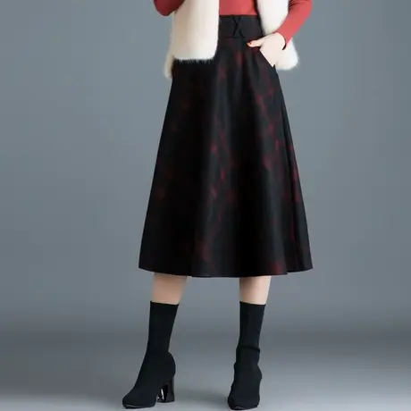 毛呢格子裙a字裙女秋冬2023新款高腰半身裙中长款显瘦伞裙大摆裙图片