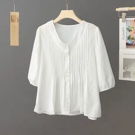 夏季新款棉质V领中袖衬衫女设计感小众薄款纯色小衫宽松上衣衬衣商品大图