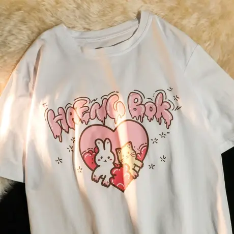 美式复古纯棉正肩短袖t恤女夏季宽松潮牌ins设计感小众半袖上衣服商品大图