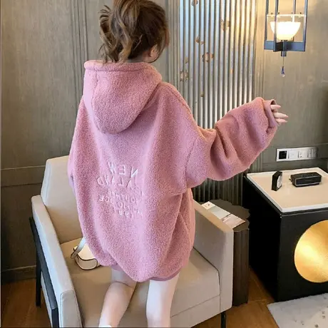 羊羔毛外套女ins潮中长款宽松连帽羊羔绒外衣服秋冬加厚保暖上衣图片