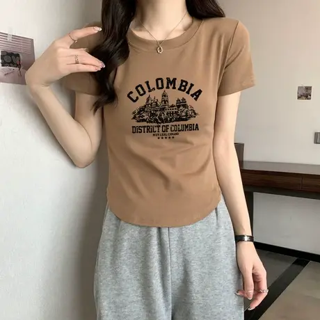 美式复古短袖t恤女纯棉正肩收腰紧身夏季新款不规则弧形下摆上衣图片