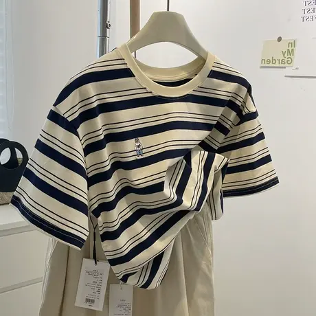 胖mm韩版宽松显瘦条纹t恤女港味复古chic别致设计感短袖上衣夏ins商品大图