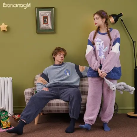 Bananagirl睡衣女秋冬珊瑚绒加厚可外穿可爱卡通可爱圆领套头情侣商品大图