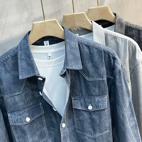 纯棉牛仔衬衫男秋季日系复古暗纹休闲牛仔外套宽松水洗男长袖衬衣商品大图