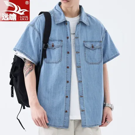 男士牛仔短袖衬衫男夏季薄款2023年新款纯棉工装衬衣男款休闲外套图片