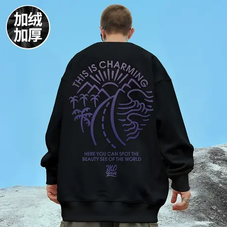 oversize港风圆领白色胖子卫衣男潮牌ins潮流大码男装秋冬季加绒商品大图