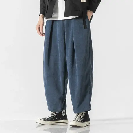 2023春秋男士休闲裤做旧松紧腰宽松中国风针织胖潮裤子加肥加大码商品大图