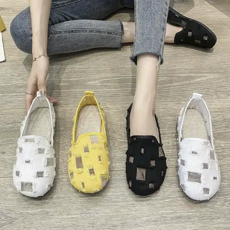 夏季镂空透气老北京布鞋女2024新款亚麻洞洞凉鞋平底浅口单鞋瓢鞋商品大图