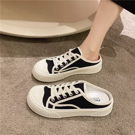 懒人包头半拖鞋女外穿2023年新款女夏季帆布鞋子平底休闲半托女鞋图片