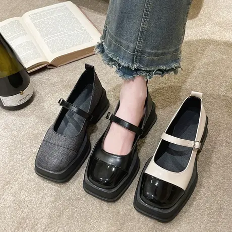 粗跟单鞋秋季小皮鞋女2024新款方头浅口配裙子jk鞋子玛丽珍鞋女鞋图片