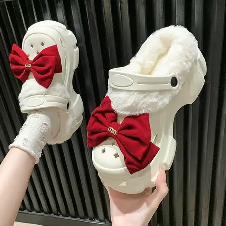 可爱蝴蝶结洞洞鞋女外穿2023秋冬新款百搭保暖增高小个子包头棉拖商品大图