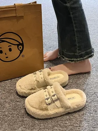 2023年新款ins潮网红毛毛拖鞋女秋冬外穿厚底保暖家居包头半拖鞋商品大图