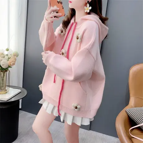 设计感甜美立体花朵连帽毛衣女秋冬2023年新款宽松洋气减龄针织衫商品大图