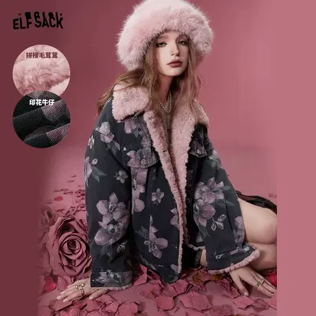 妖精的口袋加厚牛仔外套女2023冬季新款小个子印花复古设计感棉衣图片