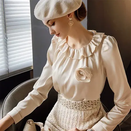 粉红大布娃娃甜美立体花长袖衬衫花边领百搭法式上衣女春2022新款商品大图