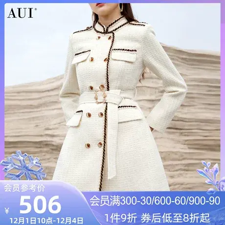 AUI杏色设计感小香风毛呢外套女2023秋冬新款修身中长款呢子大衣商品大图