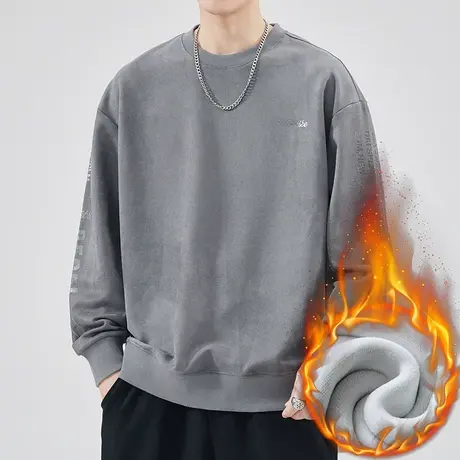 冬季男生加绒内搭美式圆领卫衣秋冬款中性风重磅加厚保温长袖上衣商品大图