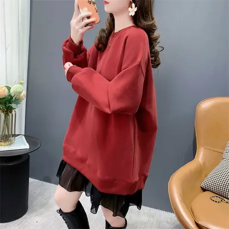 中长款蕾丝裙拼接加绒加厚圆领卫衣女秋冬2023年新款洋气减龄上衣商品大图