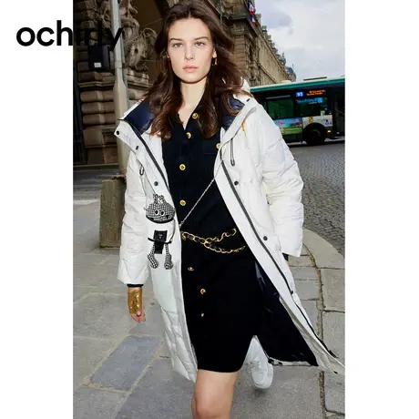 【呼呼严选专享】欧时力 工装风连帽长款羽绒外套女新款秋冬大衣商品大图