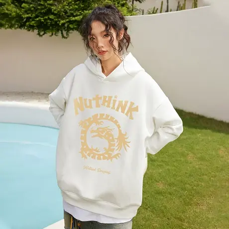 Nuthink国潮420g重磅加绒加厚连帽卫衣男潮宽松大码春季保暖外套商品大图