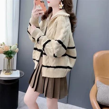 加厚条纹麻花毛衣外套女秋冬2023新款洋气小个子百搭针织开衫上衣商品大图