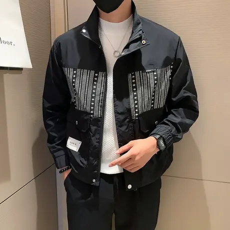 春秋季拼接外套2023新款工装立领夹克痞帅潮牌高级感休闲男装上衣商品大图