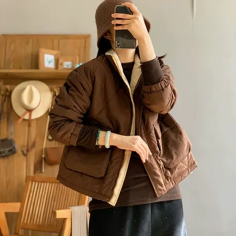 dza 复古纯色立领大口袋棉衣外套女冬外穿加厚保暖棉服棉袄上衣女商品大图